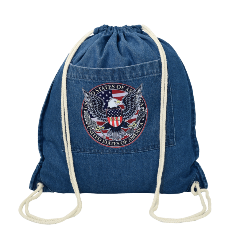 Denim Drawstring Backpack with USA Eagle Graphic Print