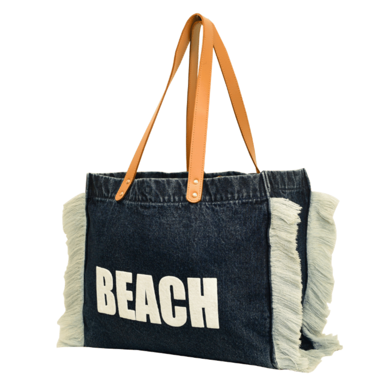 Denim Fringed Beach Tote Bag with Leather Handles