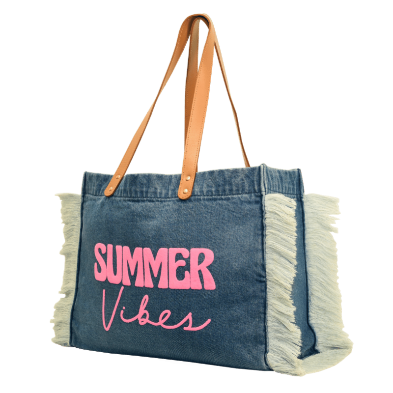 Denim Fringe Beach Bag with Summer Vibes Print