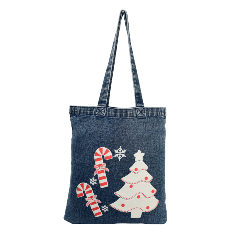 Christmas Tree & Candy Cane Denim Tote Bag