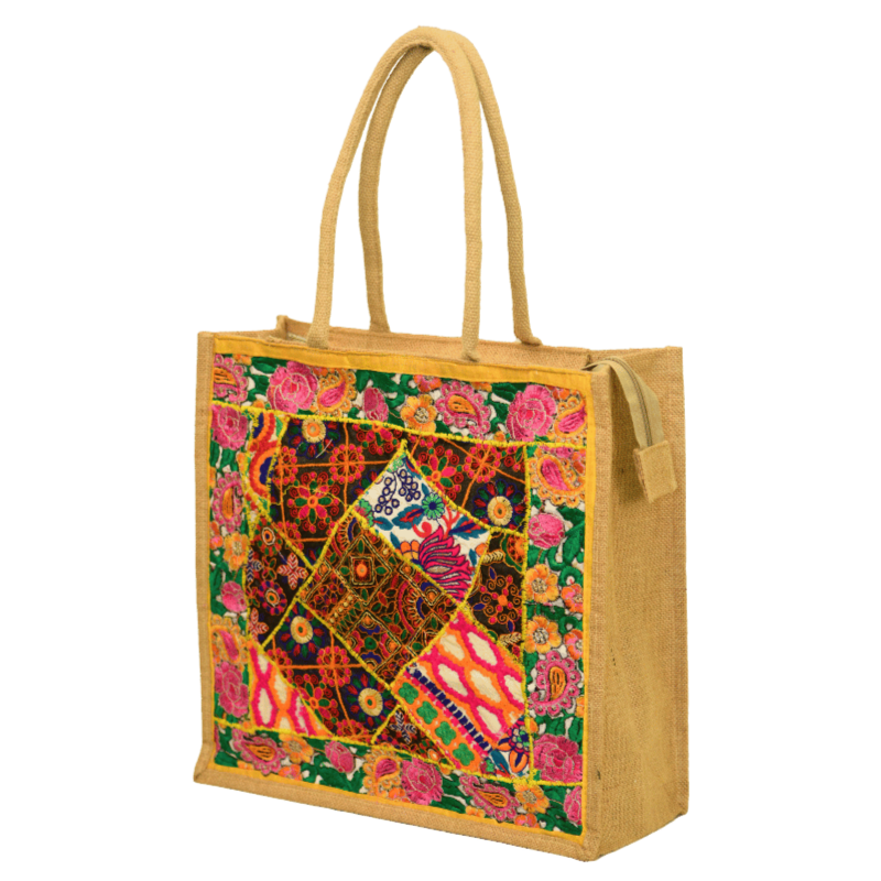 Colorful Embroidered Jute Shopping Tote Bag