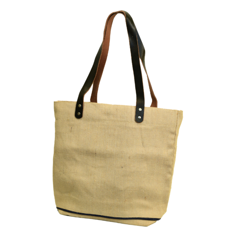 Herringbone Jute Tote Bag with Leather Handles